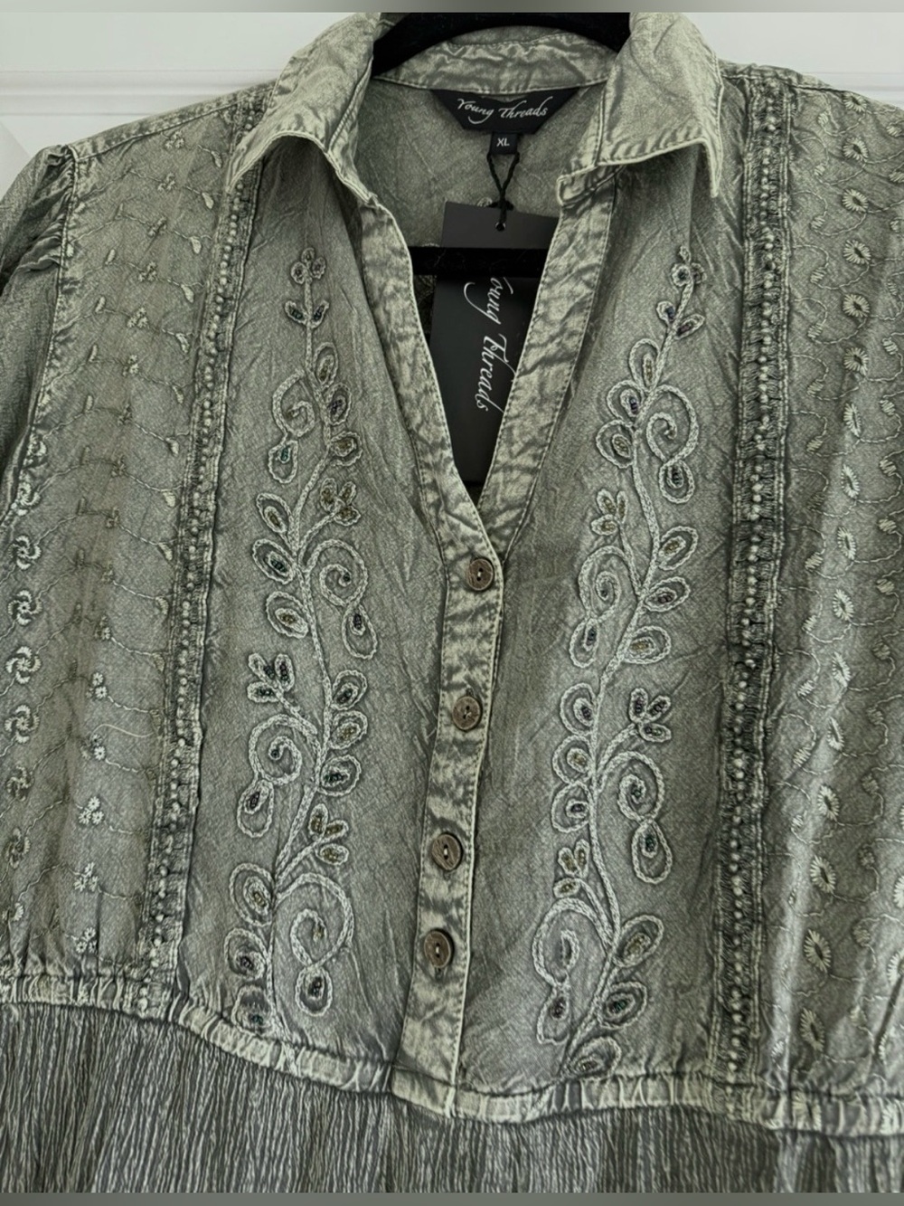 Young Threads Embroidered Olive Green Tunic Dress - Picture 3 of 9